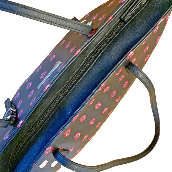Nine West Large Tote Bag Purse Black w/ Red Pink Floral Geo Faux Leather Zip Top - Picture 5 of 10
